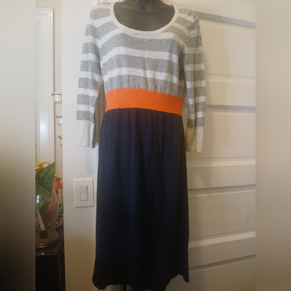 Boden Sweater Dress Size 14R Blue Gray Orange Stripe Midi Cashmere Angora